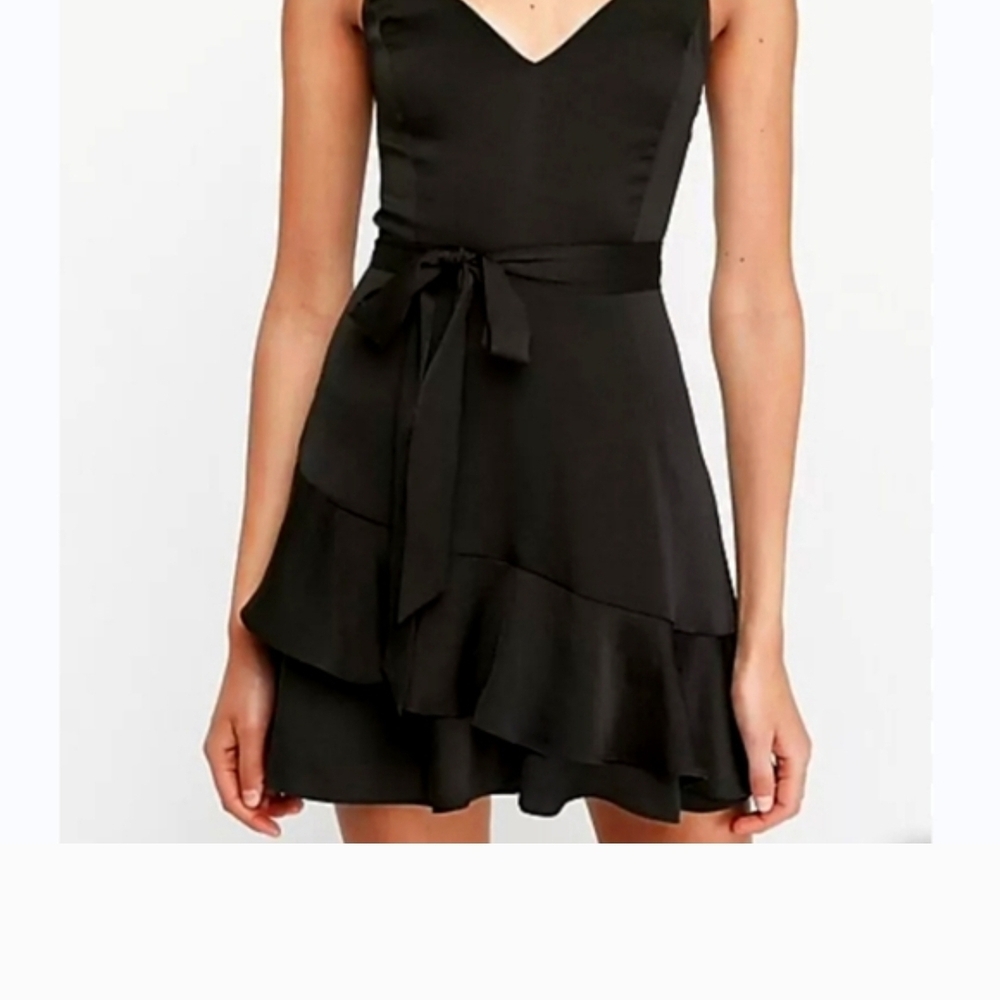 Express Black V-Neck Tie-Waist Ruffle Mini Dress